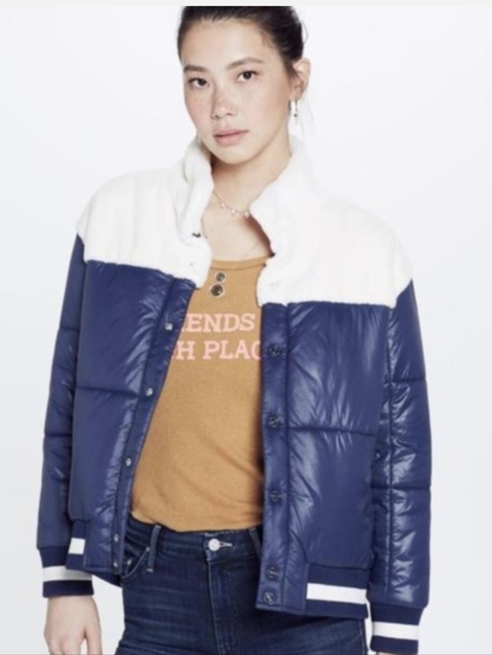 MOTHER Puff-Fur Snap Jacket Navy/Ivory Large